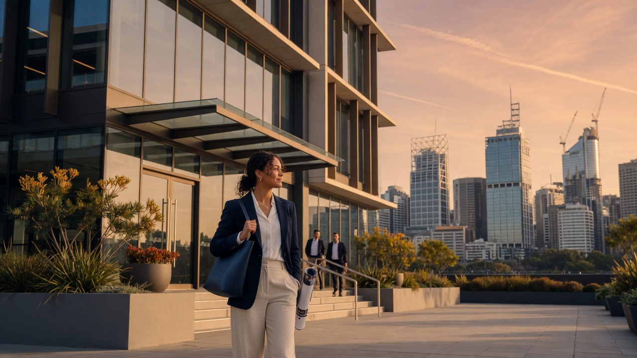 Con đường hướng về skyline thành phố Úc lúc bình minh