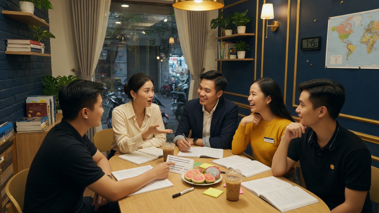 Nhóm người lớn học tiếng Anh giao tiếp theo nhóm nhỏ